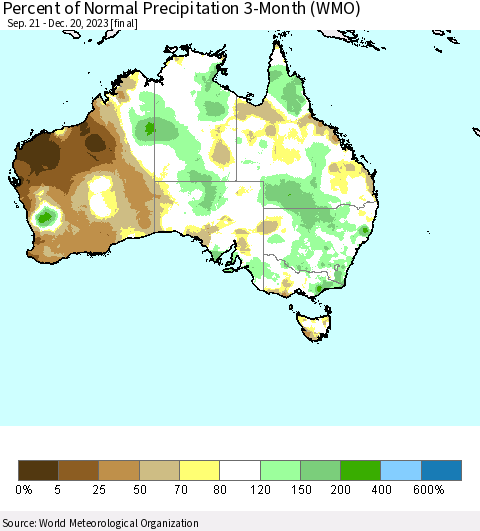 Australia Percent of Normal Precipitation 3-Month (WMO) Thematic Map For 9/21/2023 - 12/20/2023