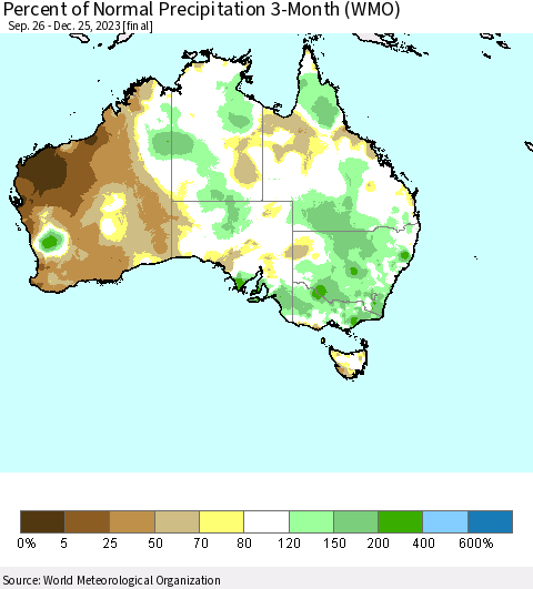 Australia Percent of Normal Precipitation 3-Month (WMO) Thematic Map For 9/26/2023 - 12/25/2023