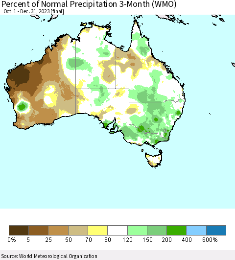Australia Percent of Normal Precipitation 3-Month (WMO) Thematic Map For 10/1/2023 - 12/31/2023