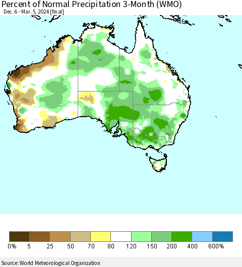 Australia Percent of Normal Precipitation 3-Month (WMO) Thematic Map For 12/6/2023 - 3/5/2024