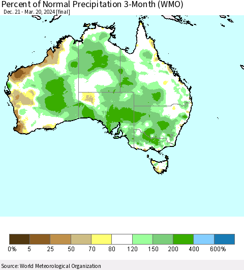Australia Percent of Normal Precipitation 3-Month (WMO) Thematic Map For 12/21/2023 - 3/20/2024