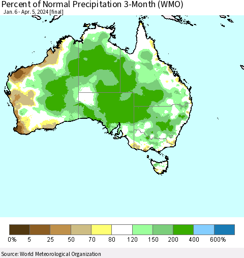 Australia Percent of Normal Precipitation 3-Month (WMO) Thematic Map For 1/6/2024 - 4/5/2024
