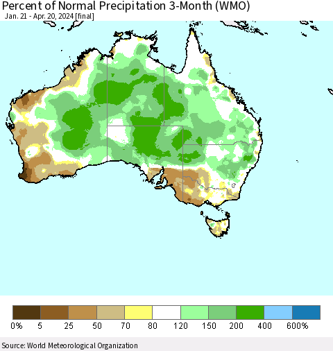 Australia Percent of Normal Precipitation 3-Month (WMO) Thematic Map For 1/21/2024 - 4/20/2024