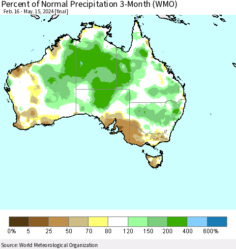 Australia Percent of Normal Precipitation 3-Month (WMO) Thematic Map For 2/16/2024 - 5/15/2024