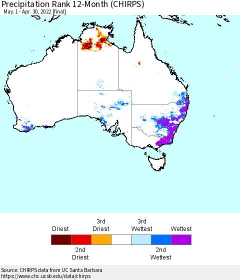 Australia Precipitation Rank since 1981, 12-Month (CHIRPS) Thematic Map For 5/1/2021 - 4/30/2022