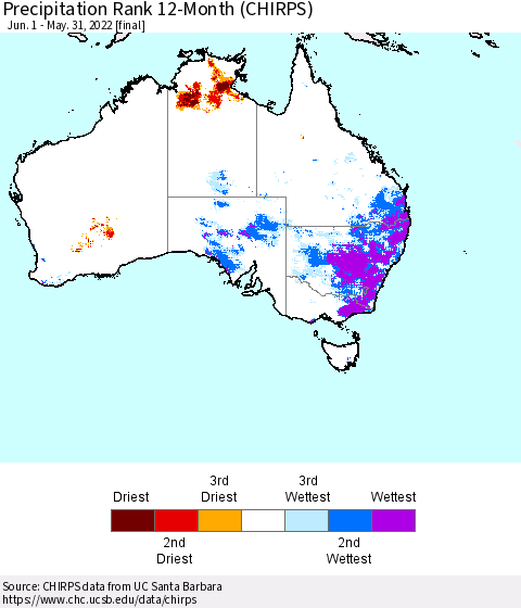 Australia Precipitation Rank since 1981, 12-Month (CHIRPS) Thematic Map For 6/1/2021 - 5/31/2022