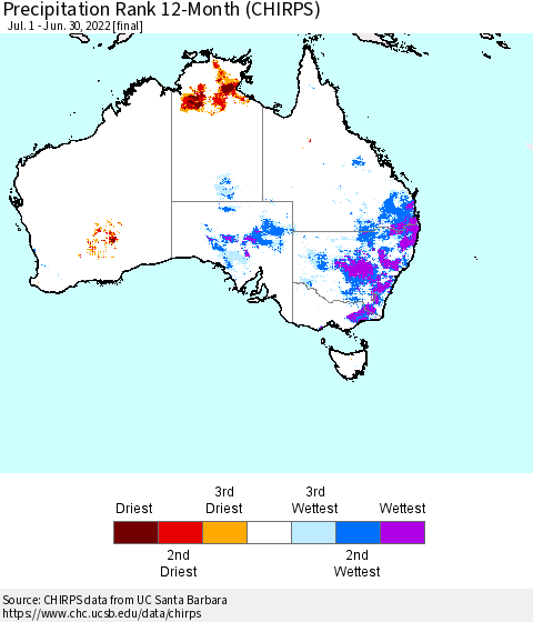 Australia Precipitation Rank since 1981, 12-Month (CHIRPS) Thematic Map For 7/1/2021 - 6/30/2022