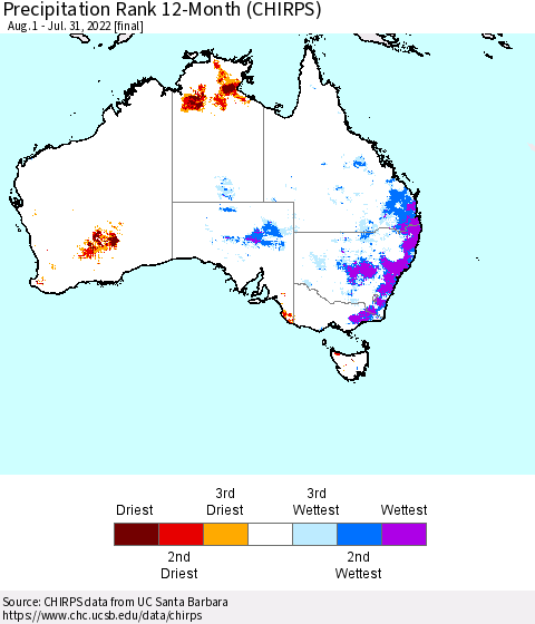 Australia Precipitation Rank since 1981, 12-Month (CHIRPS) Thematic Map For 8/1/2021 - 7/31/2022