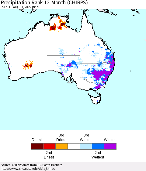 Australia Precipitation Rank since 1981, 12-Month (CHIRPS) Thematic Map For 9/1/2021 - 8/31/2022