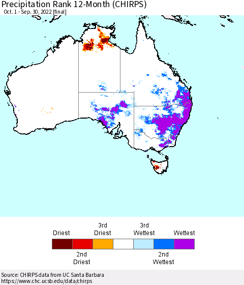 Australia Precipitation Rank since 1981, 12-Month (CHIRPS) Thematic Map For 10/1/2021 - 9/30/2022