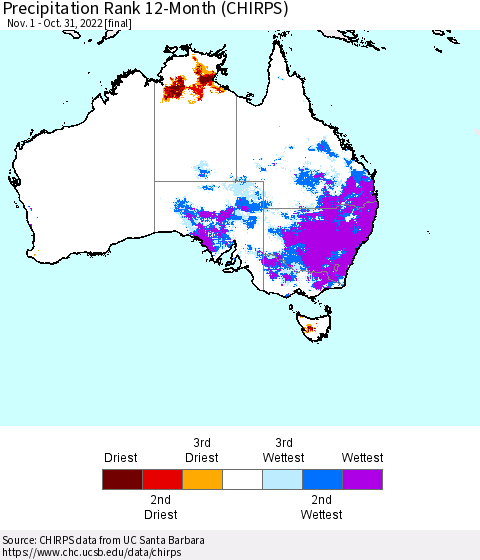 Australia Precipitation Rank since 1981, 12-Month (CHIRPS) Thematic Map For 11/1/2021 - 10/31/2022