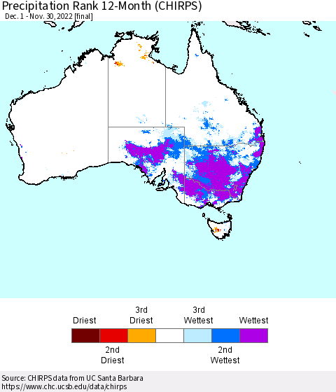 Australia Precipitation Rank since 1981, 12-Month (CHIRPS) Thematic Map For 12/1/2021 - 11/30/2022