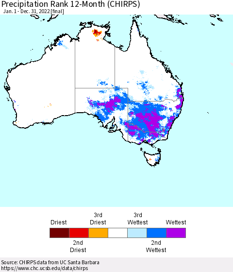 Australia Precipitation Rank since 1981, 12-Month (CHIRPS) Thematic Map For 1/1/2022 - 12/31/2022