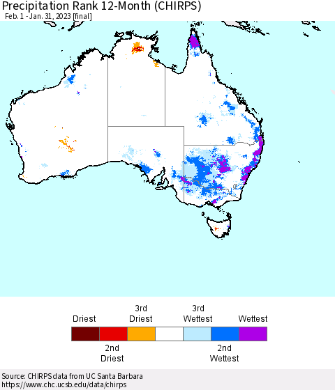 Australia Precipitation Rank since 1981, 12-Month (CHIRPS) Thematic Map For 2/1/2022 - 1/31/2023