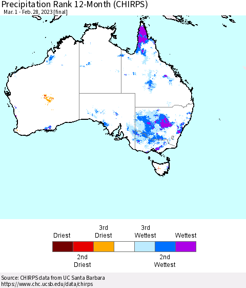 Australia Precipitation Rank since 1981, 12-Month (CHIRPS) Thematic Map For 3/1/2022 - 2/28/2023