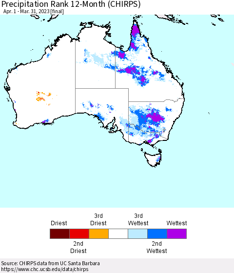 Australia Precipitation Rank since 1981, 12-Month (CHIRPS) Thematic Map For 4/1/2022 - 3/31/2023