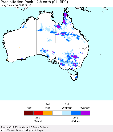Australia Precipitation Rank since 1981, 12-Month (CHIRPS) Thematic Map For 5/1/2022 - 4/30/2023