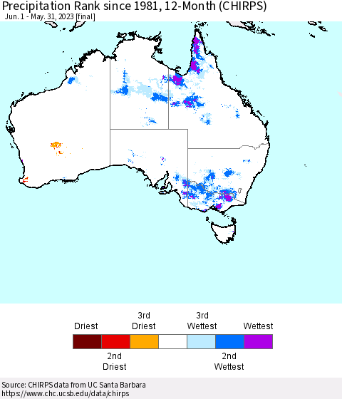 Australia Precipitation Rank since 1981, 12-Month (CHIRPS) Thematic Map For 6/1/2022 - 5/31/2023