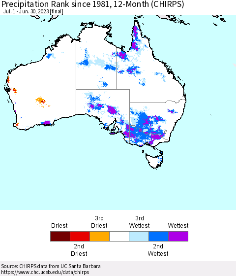 Australia Precipitation Rank since 1981, 12-Month (CHIRPS) Thematic Map For 7/1/2022 - 6/30/2023