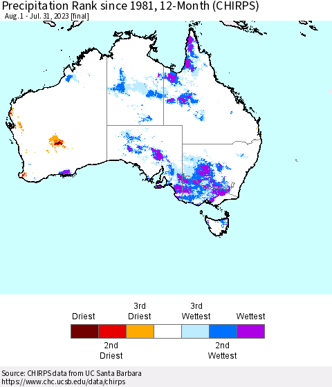 Australia Precipitation Rank since 1981, 12-Month (CHIRPS) Thematic Map For 8/1/2022 - 7/31/2023