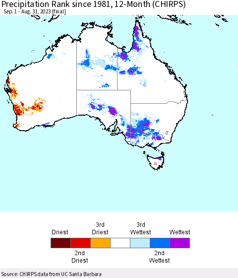 Australia Precipitation Rank since 1981, 12-Month (CHIRPS) Thematic Map For 9/1/2022 - 8/31/2023