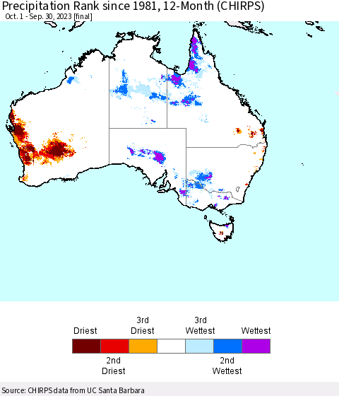 Australia Precipitation Rank since 1981, 12-Month (CHIRPS) Thematic Map For 10/1/2022 - 9/30/2023