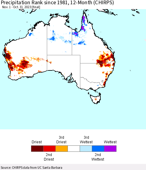 Australia Precipitation Rank since 1981, 12-Month (CHIRPS) Thematic Map For 11/1/2022 - 10/31/2023