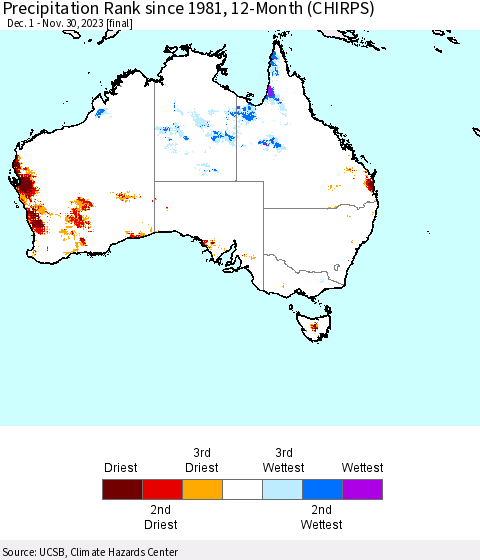 Australia Precipitation Rank since 1981, 12-Month (CHIRPS) Thematic Map For 12/1/2022 - 11/30/2023