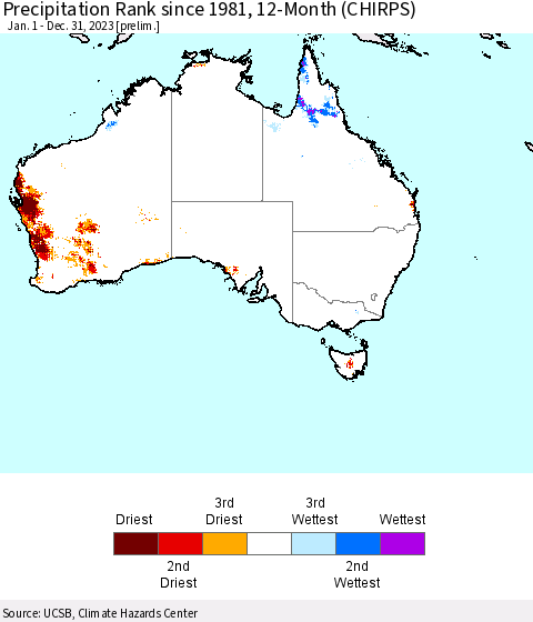 Australia Precipitation Rank since 1981, 12-Month (CHIRPS) Thematic Map For 1/1/2023 - 12/31/2023