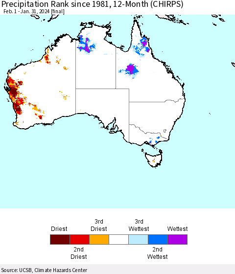 Australia Precipitation Rank since 1981, 12-Month (CHIRPS) Thematic Map For 2/1/2023 - 1/31/2024