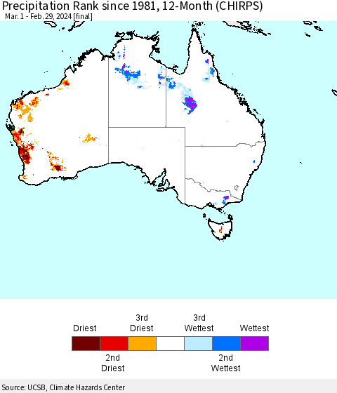 Australia Precipitation Rank since 1981, 12-Month (CHIRPS) Thematic Map For 3/1/2023 - 2/29/2024