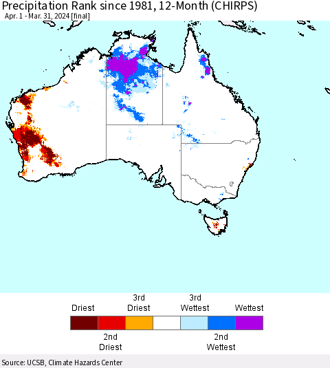 Australia Precipitation Rank since 1981, 12-Month (CHIRPS) Thematic Map For 4/1/2023 - 3/31/2024