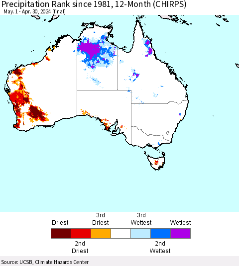 Australia Precipitation Rank since 1981, 12-Month (CHIRPS) Thematic Map For 5/1/2023 - 4/30/2024