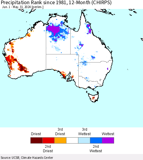 Australia Precipitation Rank since 1981, 12-Month (CHIRPS) Thematic Map For 6/1/2023 - 5/31/2024