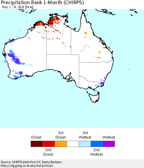 Australia Precipitation Rank since 1981, 1-Month (CHIRPS) Thematic Map For 5/1/2021 - 5/31/2021