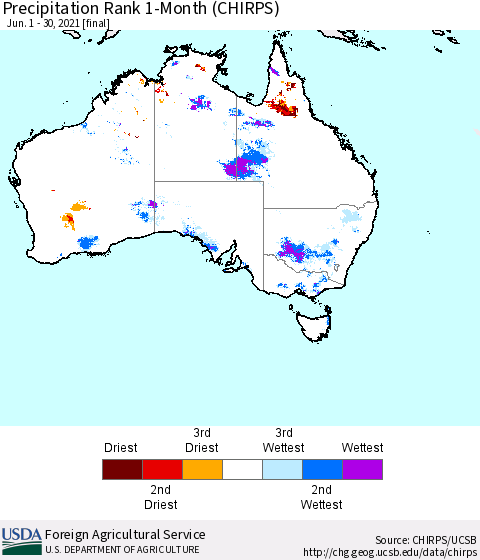 Australia Precipitation Rank since 1981, 1-Month (CHIRPS) Thematic Map For 6/1/2021 - 6/30/2021
