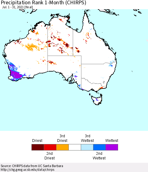 Australia Precipitation Rank since 1981, 1-Month (CHIRPS) Thematic Map For 7/1/2021 - 7/31/2021