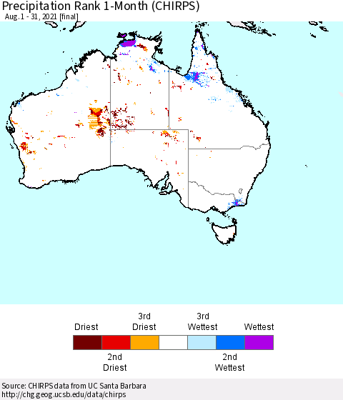 Australia Precipitation Rank since 1981, 1-Month (CHIRPS) Thematic Map For 8/1/2021 - 8/31/2021