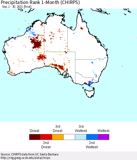 Australia Precipitation Rank since 1981, 1-Month (CHIRPS) Thematic Map For 9/1/2021 - 9/30/2021