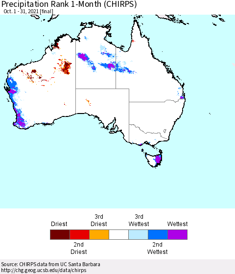 Australia Precipitation Rank since 1981, 1-Month (CHIRPS) Thematic Map For 10/1/2021 - 10/31/2021