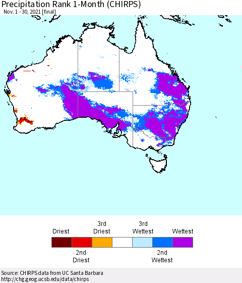Australia Precipitation Rank since 1981, 1-Month (CHIRPS) Thematic Map For 11/1/2021 - 11/30/2021