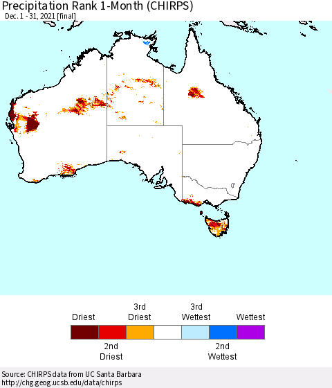Australia Precipitation Rank since 1981, 1-Month (CHIRPS) Thematic Map For 12/1/2021 - 12/31/2021