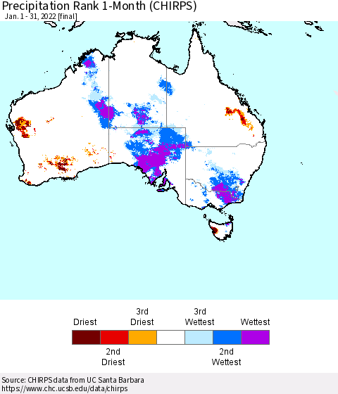Australia Precipitation Rank since 1981, 1-Month (CHIRPS) Thematic Map For 1/1/2022 - 1/31/2022