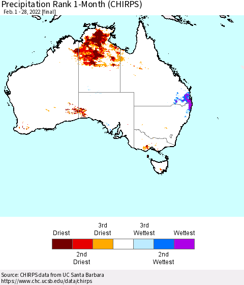 Australia Precipitation Rank since 1981, 1-Month (CHIRPS) Thematic Map For 2/1/2022 - 2/28/2022