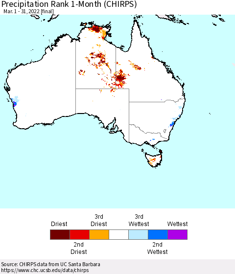 Australia Precipitation Rank since 1981, 1-Month (CHIRPS) Thematic Map For 3/1/2022 - 3/31/2022
