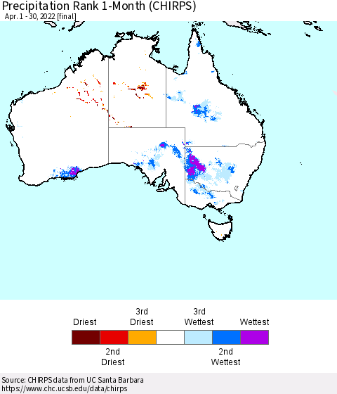 Australia Precipitation Rank since 1981, 1-Month (CHIRPS) Thematic Map For 4/1/2022 - 4/30/2022