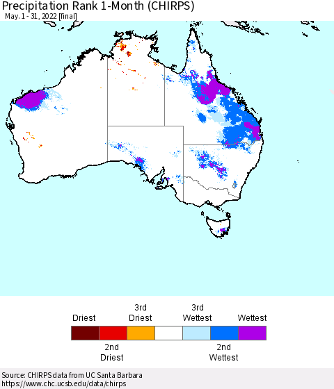 Australia Precipitation Rank since 1981, 1-Month (CHIRPS) Thematic Map For 5/1/2022 - 5/31/2022