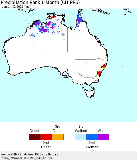 Australia Precipitation Rank since 1981, 1-Month (CHIRPS) Thematic Map For 6/1/2022 - 6/30/2022