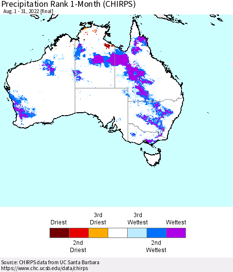 Australia Precipitation Rank since 1981, 1-Month (CHIRPS) Thematic Map For 8/1/2022 - 8/31/2022