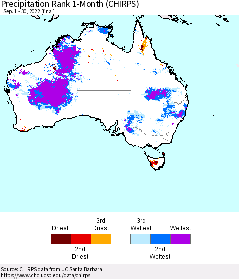 Australia Precipitation Rank since 1981, 1-Month (CHIRPS) Thematic Map For 9/1/2022 - 9/30/2022